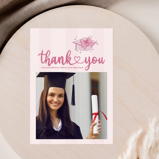 Rosa Foto Coquette Bow Graduation Party Dankeskarte