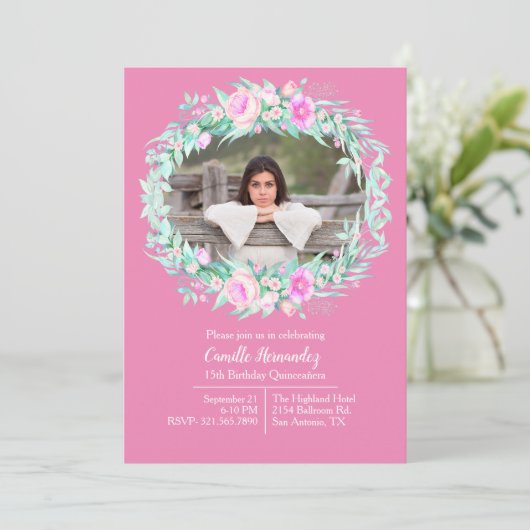 Rosa Foto Einladung (Stehend Vorderseite)