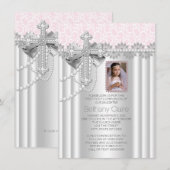 Rosa Foto Erste Kommune Lace Cross Einladung (Vorne/Hinten)