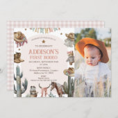 Rosa Foto Erster Rodeo Western 1. Geburtstag Einladung (Vorne/Hinten)