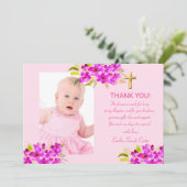 Rosa Foto Goldkreuz Taufe Dankeskarte (Stehend Vorderseite)