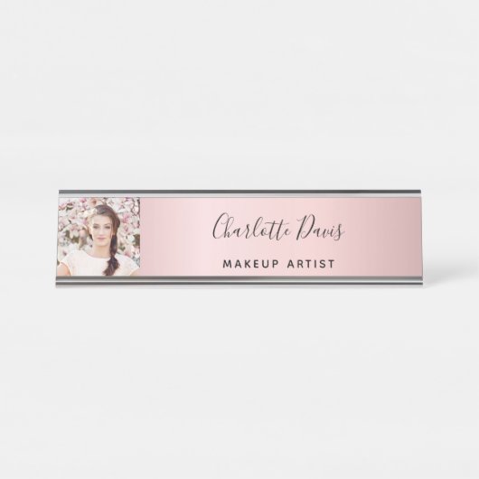 Rosa Foto Monogramm moderne Signatur Schreibtischnamensplakette (Vorderseite )