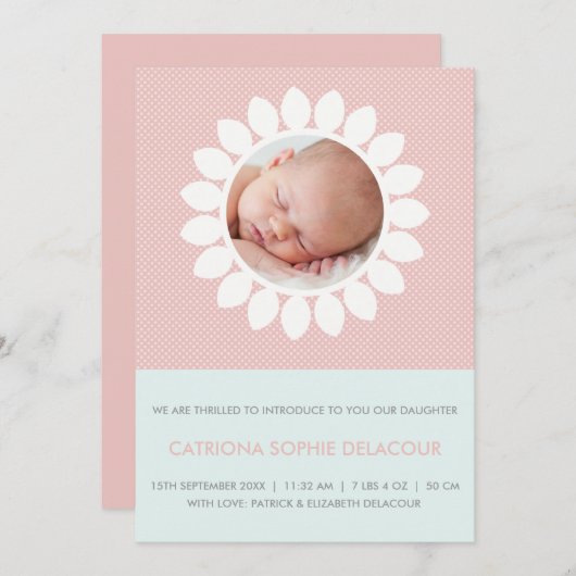 Rosa Foto unterbricht Blütenbaby Birth Ankündigung (Vorne/Hinten)