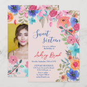 Rosa Fotos mit Blütenfarbe Süß 16 Einladung (Vorne/Hinten)