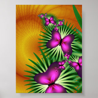 Rosa fraktale Schmetterlinge auf tropischen Palmwe Poster