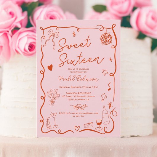 Rosa französische Hand gezeichnet illustriert Swee Einladung