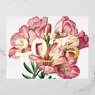 Rosa Freesien-Blume Frohes Neues Jahr 2027 Gold Folien Feiertagspostkarte
