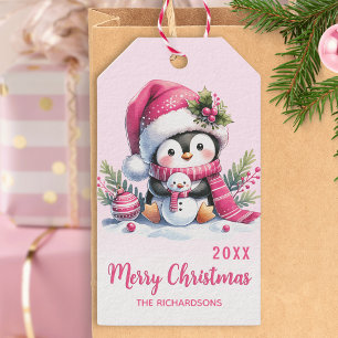 Rosa Frohe Weihnachten Niedlicher Pinguin Personal Geschenkanhänger