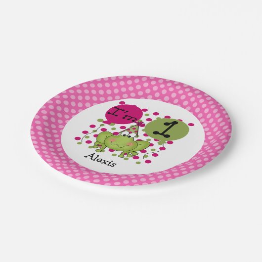 Rosa Frosch 1. Geburtstag Papier Teller (Schrägansicht)