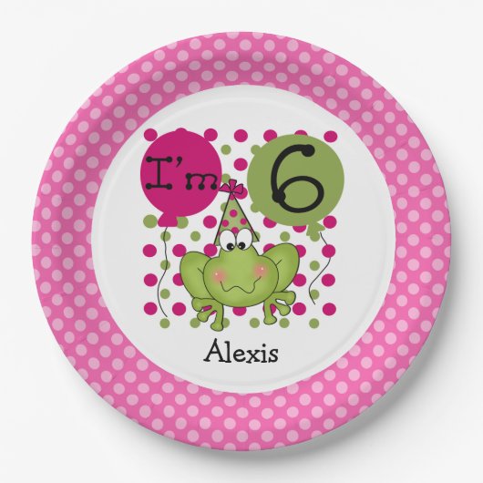 Rosa Frosch 6. Geburtstag Papier Teller (Vorderseite)