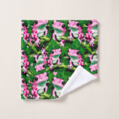 Rosa Frosch auf grünem Leaf-Muster Badhandtuch Set (Waschlappen)