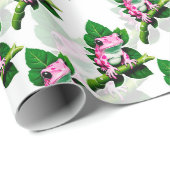 Rosa Frosch auf grünem Leaf-Muster Geschenkpapier (Rolleneckpunkt)
