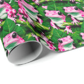 Rosa Frosch auf grünem Leaf-Muster Geschenkpapier (Rolleneckpunkt)
