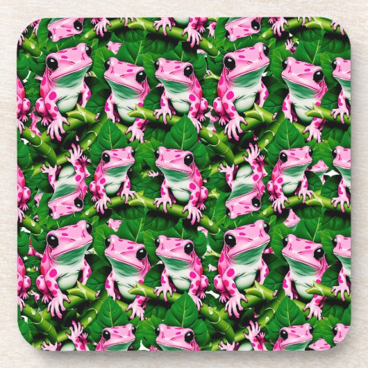 Rosa Frosch auf grünem Leaf-Muster Getränkeuntersetzer (Vorderseite)
