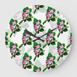 Rosa Frosch auf grünem Leaf-Muster Große Wanduhr