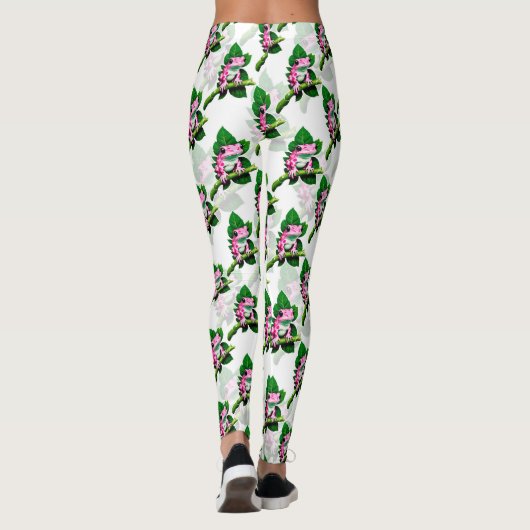 Rosa Frosch auf grünem Leaf-Muster Leggings (Rückseite)