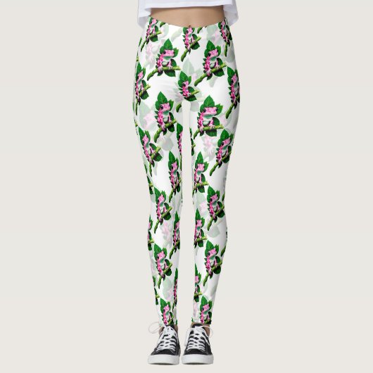 Rosa Frosch auf grünem Leaf-Muster Leggings (Vorderseite)