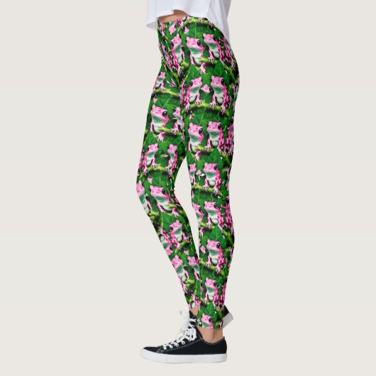 Rosa Frosch auf grünem Leaf-Muster Leggings (Links)