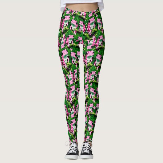 Rosa Frosch auf grünem Leaf-Muster Leggings (Vorderseite)