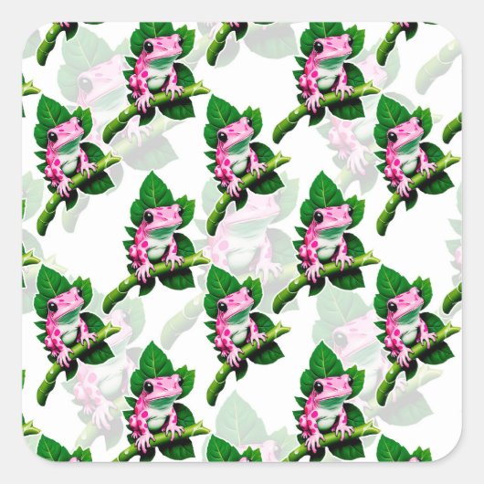 Rosa Frosch auf grünem Leaf-Muster Quadratischer Aufkleber (Vorderseite)