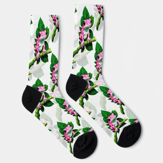Rosa Frosch auf grünem Leaf-Muster Socken (Rechts)
