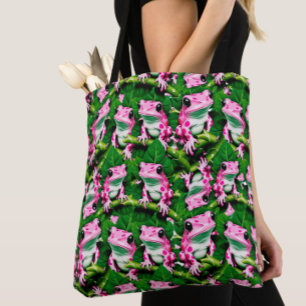 Rosa Frosch auf grünem Leaf-Muster Tasche