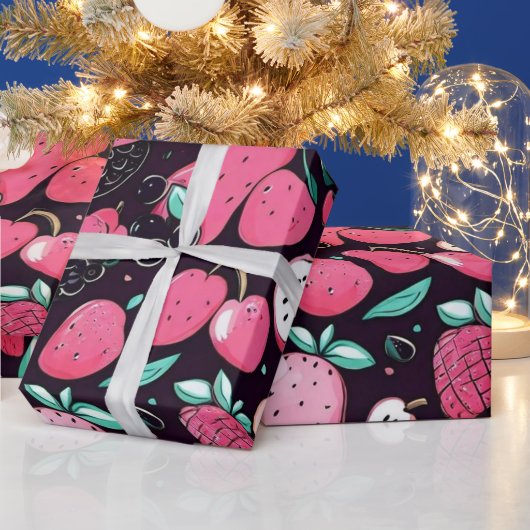 Rosa Früchte, schwarze Dekoration Geschenkpapier (Feiertage)