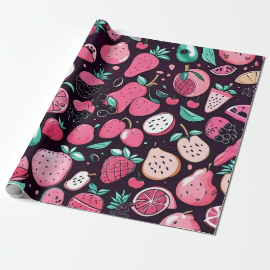 Rosa Früchte, schwarze Dekoration Geschenkpapier (Ungerollt)