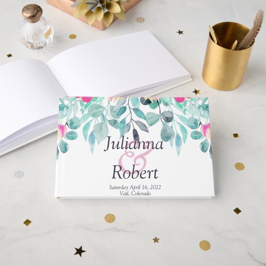 Rosa Frühling Aquarell Blumenzettel Hochzeitsbuch Gästebuch (Vorderseite Offen)