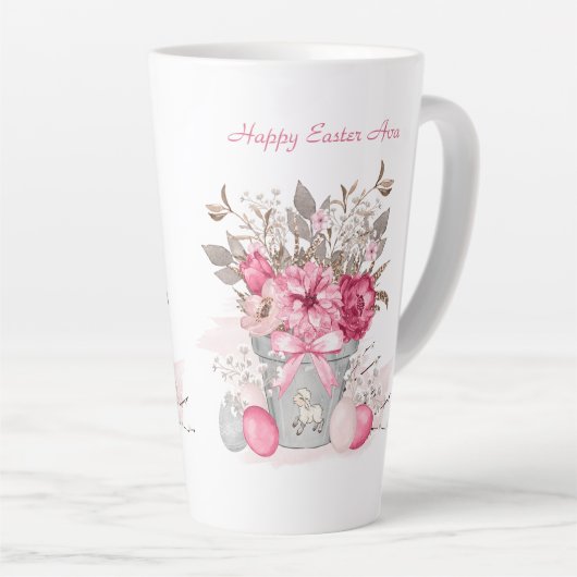 Rosa Frühlingsblumen Ostername Personalisiert Milchtasse (Rechte Ecke)