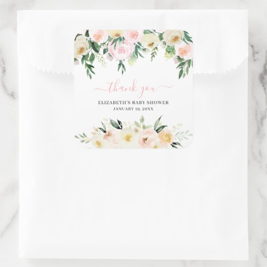 Rosa Frühlingsblüte | Baby Dusche Gefallen Quadratischer Aufkleber (Tasche)