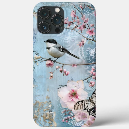Rosa Frühlingsblüten Decoupage Shabby Chic Bird Case-Mate iPhone Hülle (Rückseite)