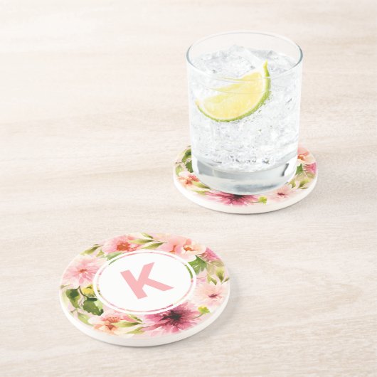 Rosa Frühlingsfarbe Blume Monogramm Getränkeuntersetzer (Seite)
