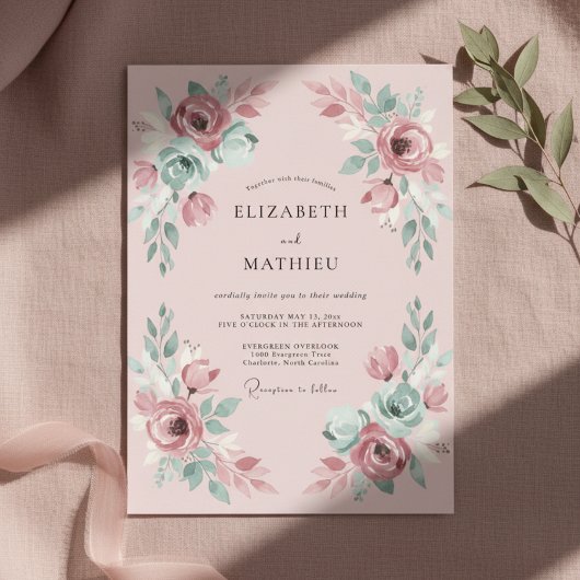 Rosa Frühlingshochzeit mit Mint-Touch Einladung