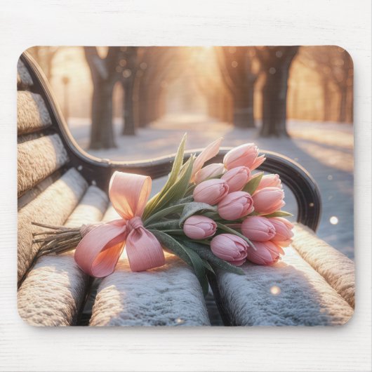 Rosa Frühlingsstipps auf der Schneebrücke Mousepad (Vorne)