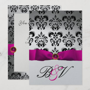 ROSA FUCHSIA BAND SILBER SCHWARZ  DAMAST MONOGRAMM EINLADUNG