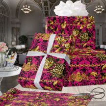 Rosa Fuchsia Black Gold Floral Acanthus Gold Chain