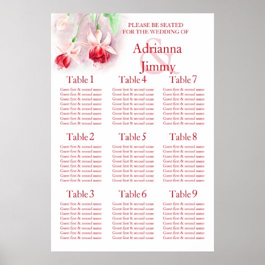 Rosa-Fuchsia-Hochzeitstisch-Tischplaner 1-9 Poster (Vorne)