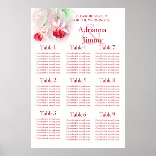 Rosa-Fuchsia-Hochzeitstisch-Tischplaner 1-9 Poster (Vorne)