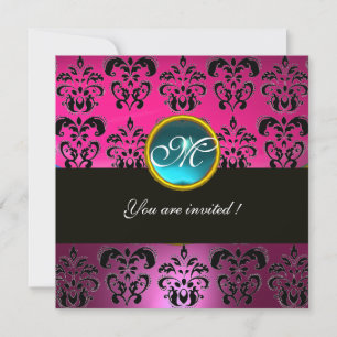 ROSA FUCHSIE SCHWARZER DAMAST MONOGRAMM, blau aqua Einladung