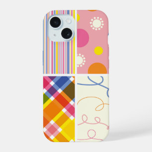 Rosa Fuchsien-Karo-Streifen-Punkte-Kritzeleien-Mus iPhone 15 Hülle