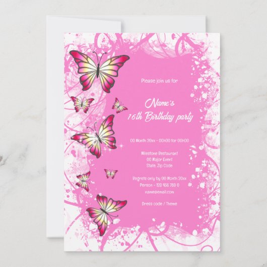 Rosa Fuchsienblütenschmetterling-Party Einladung (Rückseite)