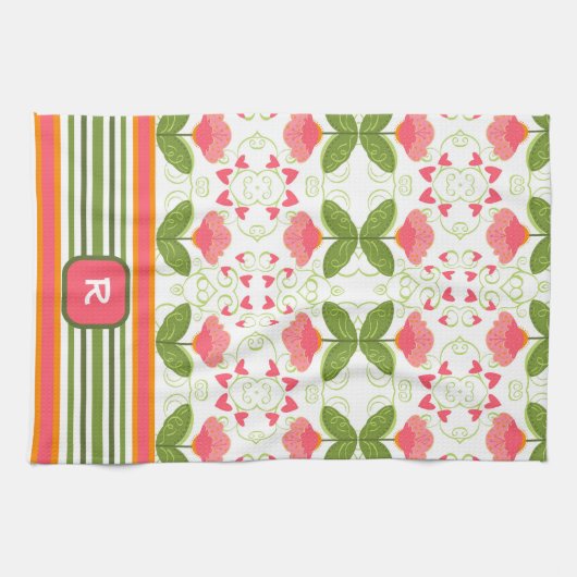 Rosa Fun Chic Monogram, initial floral gestreift Geschirrtuch (Horizontal)