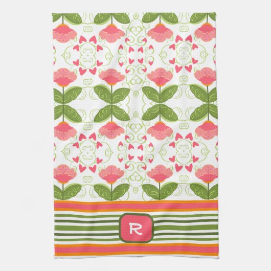 Rosa Fun Chic Monogram, initial floral gestreift Geschirrtuch (Vertikal)