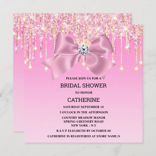 Rosa Funkeln Bogen Diamant schimmert elegant Einladung (Vorne/Hinten)