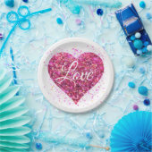 Rosa funkelnde Glitzer Herz Liebe Pappteller (Party)
