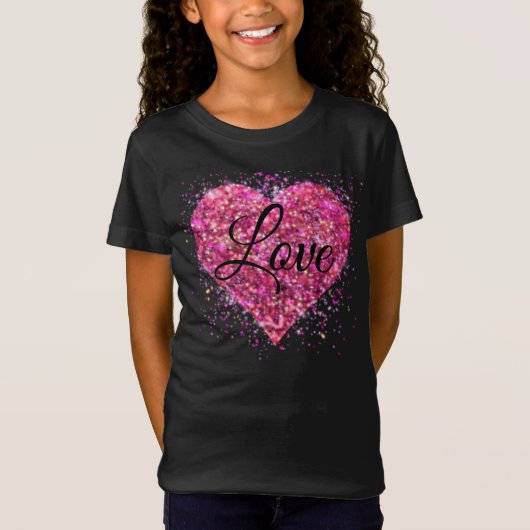 Rosa funkelnde Glitzer Herz Liebe T-Shirt (Vorderseite)