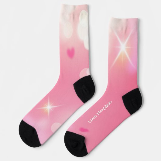 Rosa funkelnde Herzen weißer Text Socken (Linkes Detail)