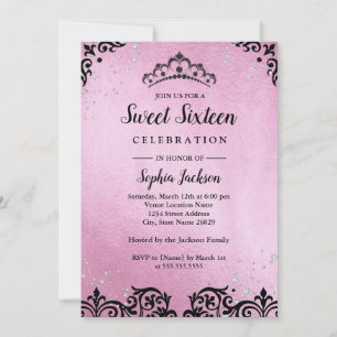 Rosa funkelnde Tiara Damast Sweet Sixteen Einladung