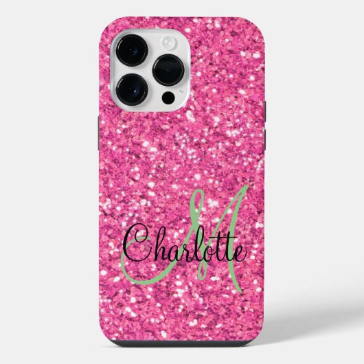 Rosa funkelnder Glitter mit Monogramm iPhone Hülle (Rückseite)